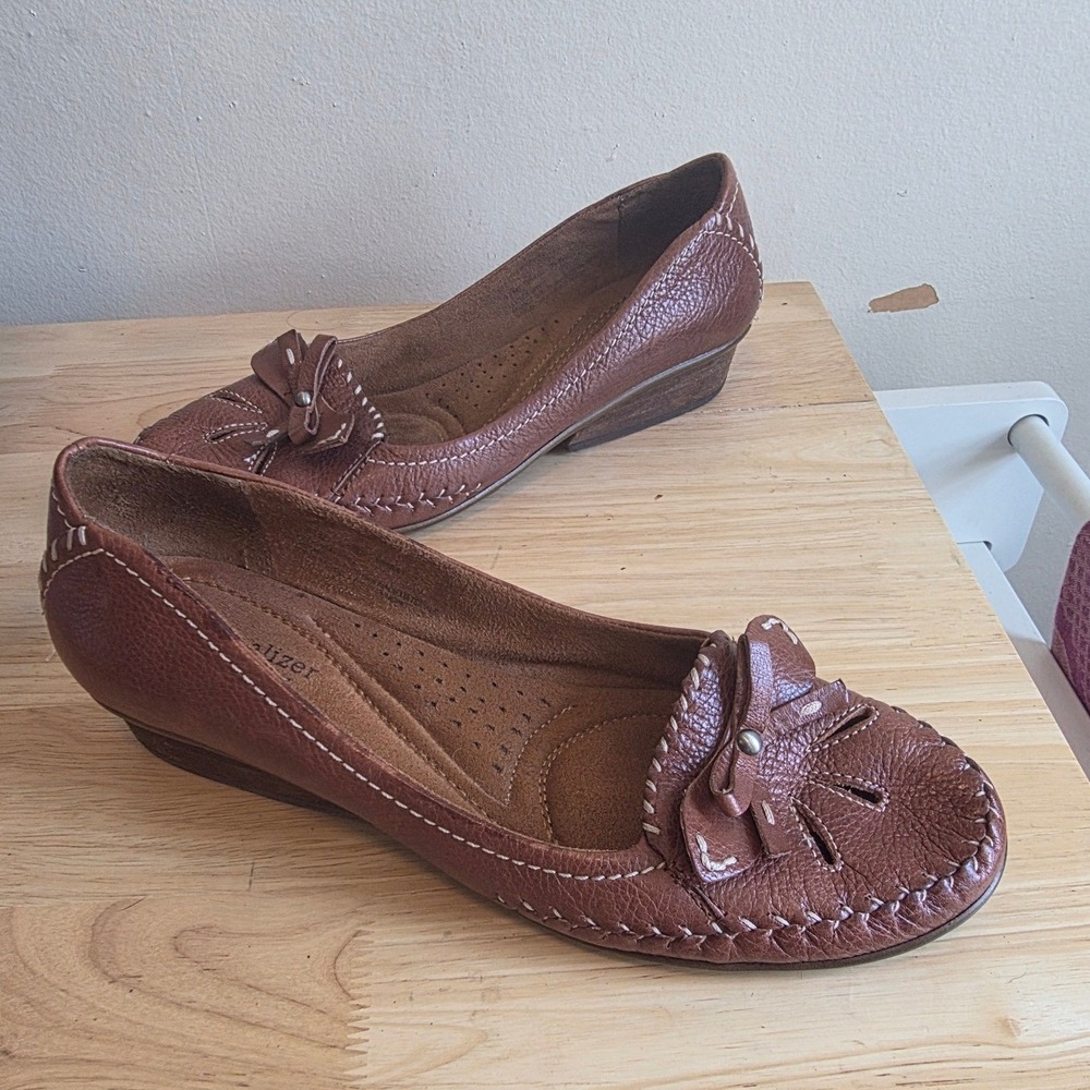 Naturalizer Womens 9.5 Brown Leather Wedge Bow Whipstitch N5 Comfort Shoes